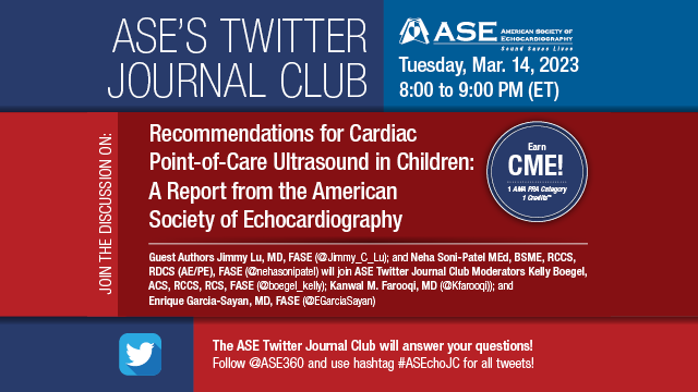 There's so much more to learn and discuss. Tune in Tuesday, March 14 8 pm ET for #ASEchoJC with myself, @Kfarooqi and @EGarciaSayan with guideline authors @Jimmy_C_Lu and @nehasonipatel to discuss the new @ASE360 #POCUS in peds guidelines Register for CME: aselearninghub.org/topclass/topcl…