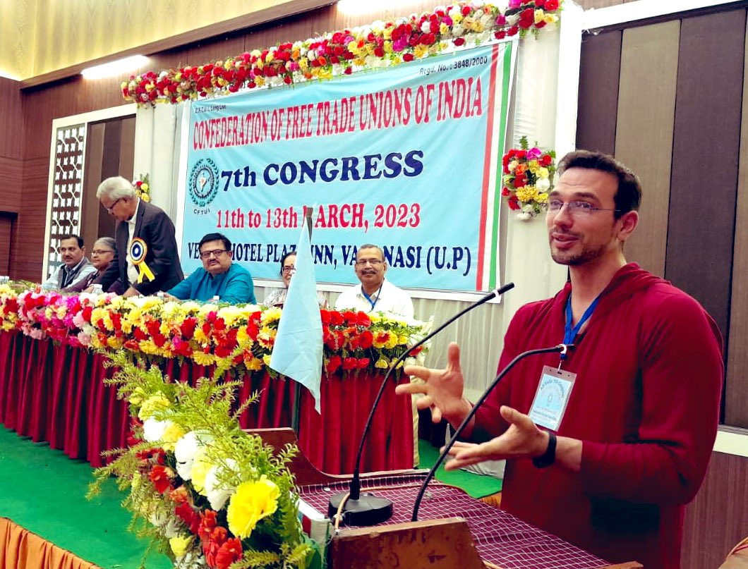 CFTUI2's tweet photo. The #WSM & #ITUC delegates Mr Bruno , Mr Jeroen Roskams and Sister Francina Varghese also addressed the inaugural session of #CFTUI 7th congress at Varanasi.
@itucasiapacific @ituc https://t.co/uZCFNmYika