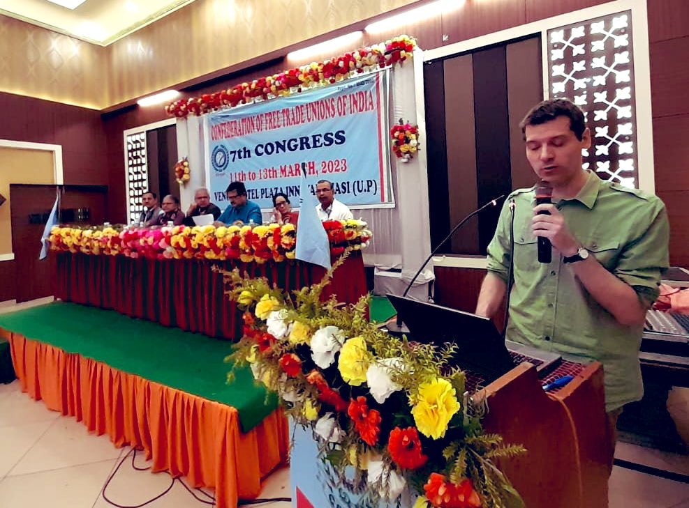 CFTUI2's tweet photo. The #WSM & #ITUC delegates Mr Bruno , Mr Jeroen Roskams and Sister Francina Varghese also addressed the inaugural session of #CFTUI 7th congress at Varanasi.
@itucasiapacific @ituc https://t.co/uZCFNmYika