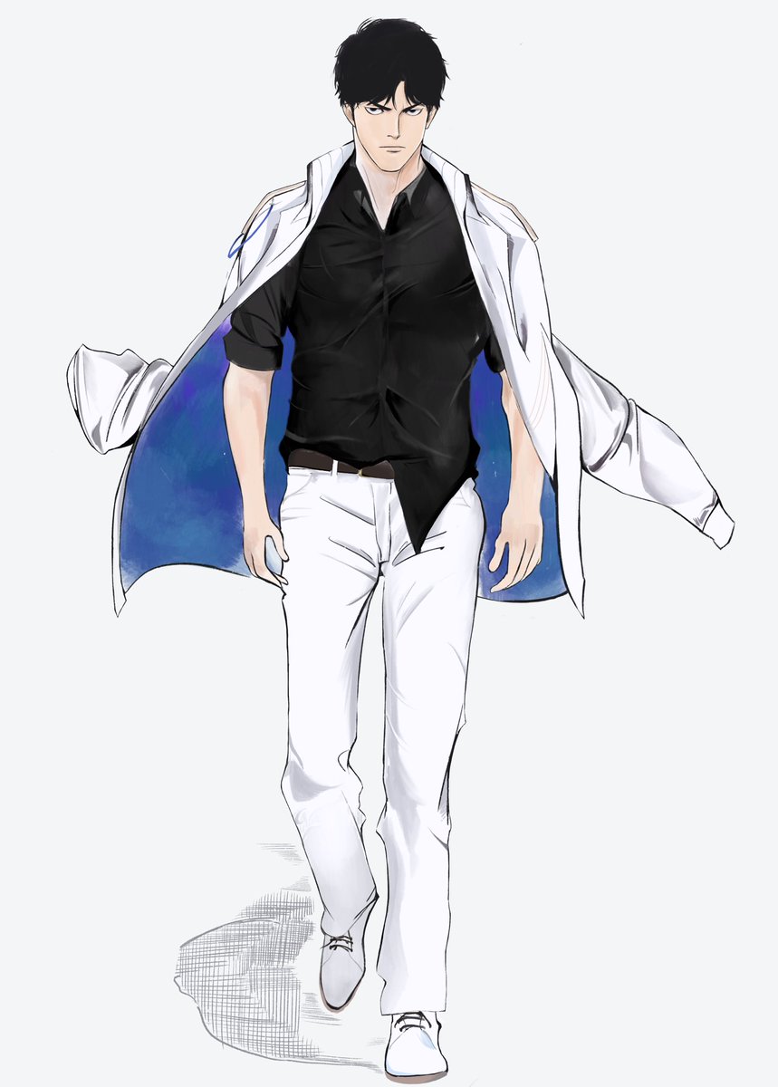 1boy male focus solo white pants black hair jacket pants  illustration images