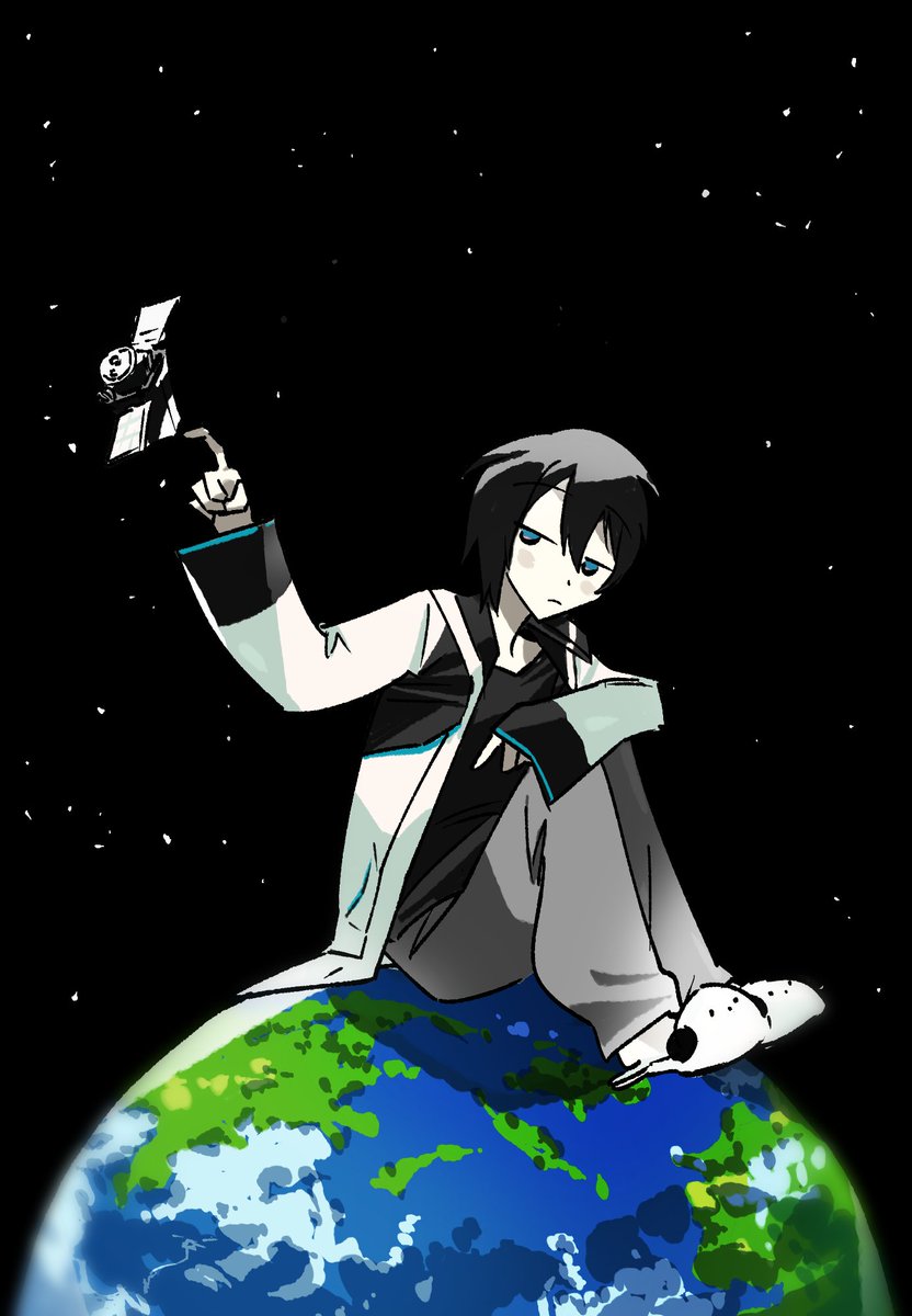 planet earth (planet) space black hair solo slippers blue eyes  illustration images