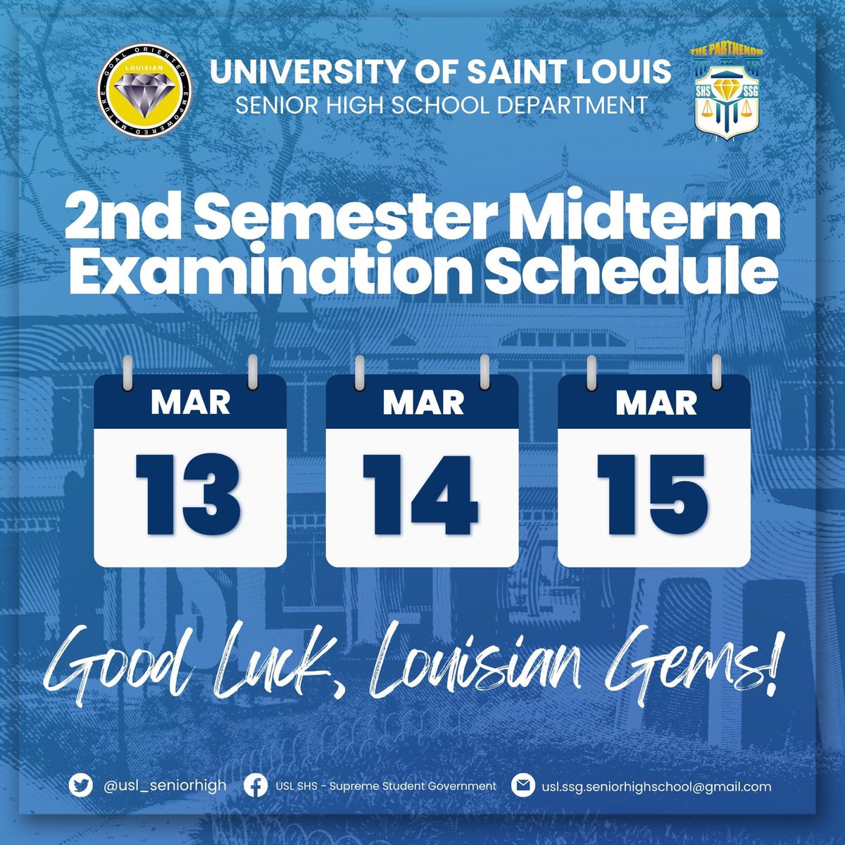 usl_seniorhigh's tweet photo. Heads up, Louisian GEMs!
As per the university calendar for school year 2022-2023, the Midterm Examination of the Second Semester is March 13-15, 2023.
#GEMpowered https://t.co/L3uUb5tMhJ