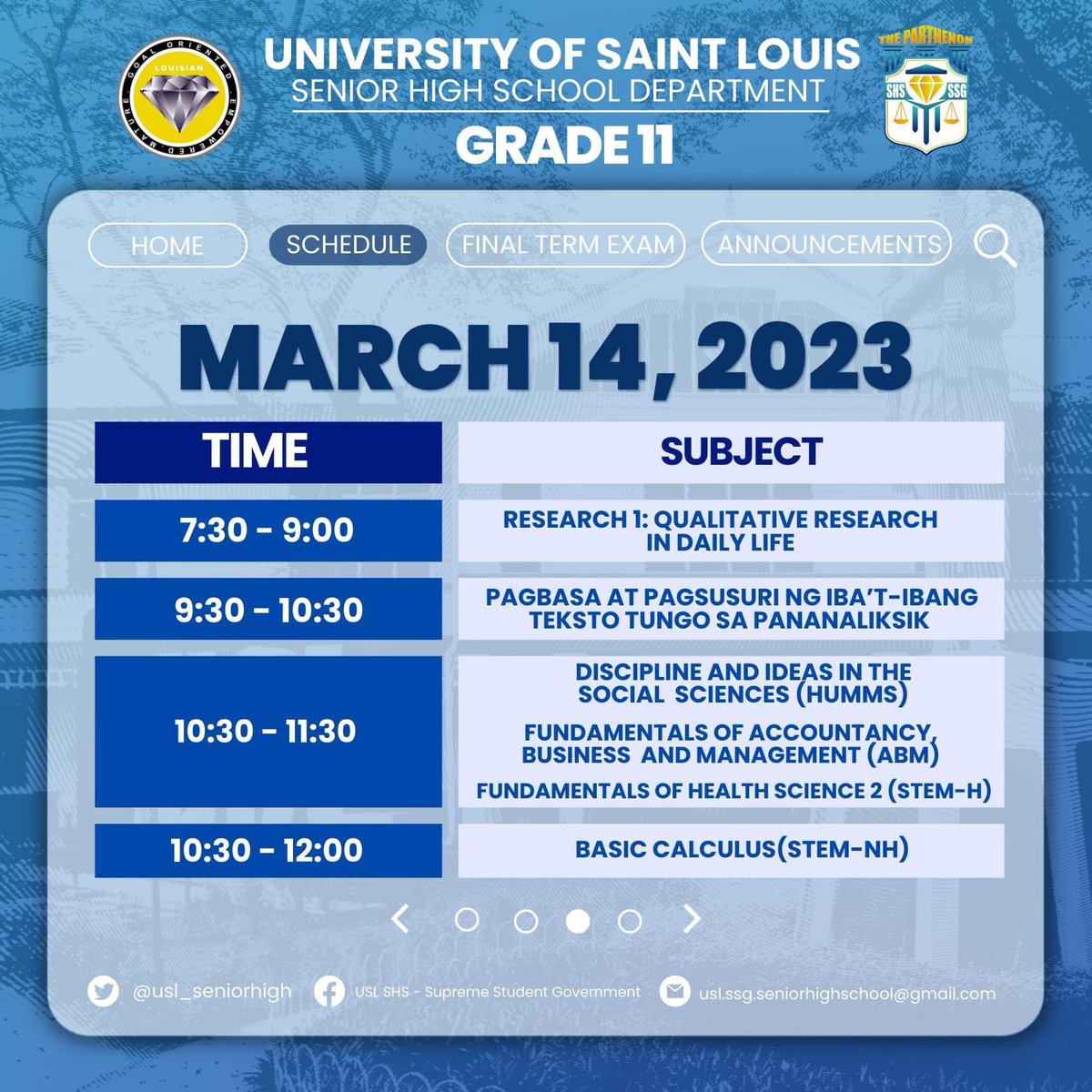 usl_seniorhigh's tweet photo. Hereβs to remind our Louisian GEMs that the Midterm Examination of the Second Semester is from March 13-15 as per the University Calendar.
Below is the official schedule of Grade 11 for the upcoming examination.
#GEMPowered https://t.co/z9dqVB7juD