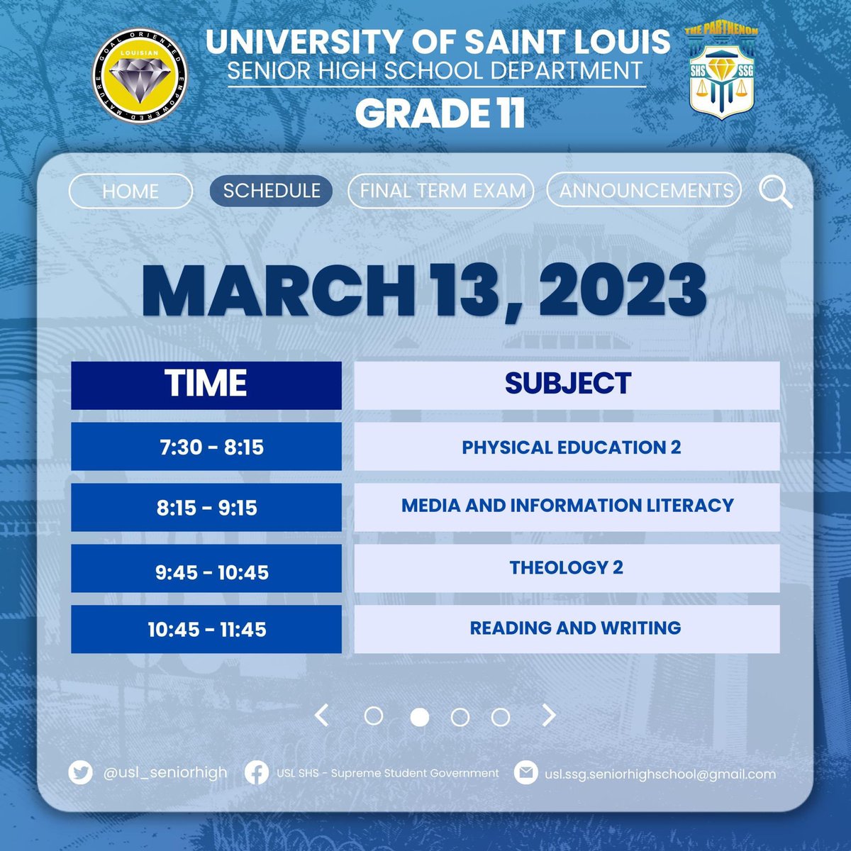 usl_seniorhigh's tweet photo. Hereβs to remind our Louisian GEMs that the Midterm Examination of the Second Semester is from March 13-15 as per the University Calendar.
Below is the official schedule of Grade 11 for the upcoming examination.
#GEMPowered https://t.co/z9dqVB7juD