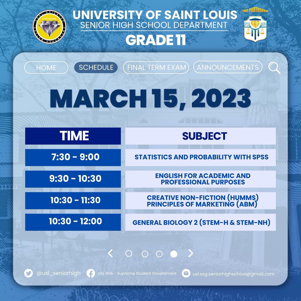 usl_seniorhigh's tweet photo. Hereβs to remind our Louisian GEMs that the Midterm Examination of the Second Semester is from March 13-15 as per the University Calendar.
Below is the official schedule of Grade 11 for the upcoming examination.
#GEMPowered https://t.co/z9dqVB7juD