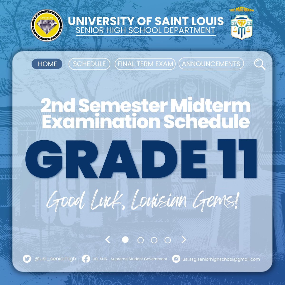 usl_seniorhigh's tweet photo. Hereβs to remind our Louisian GEMs that the Midterm Examination of the Second Semester is from March 13-15 as per the University Calendar.
Below is the official schedule of Grade 11 for the upcoming examination.
#GEMPowered https://t.co/z9dqVB7juD