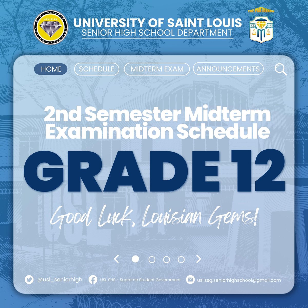 usl_seniorhigh's tweet photo. Hereβs to remind our Louisian GEMs that the Midterm Examination of the Second Semester is from March 13-15 as per the University Calendar.
Below is the official schedule of Grade 12 for the upcoming examination.
#GEMPowered https://t.co/7xMaWq1IHT