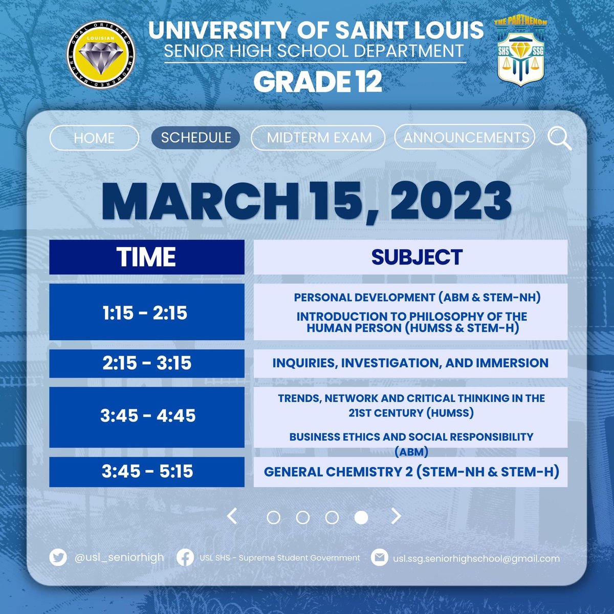 usl_seniorhigh's tweet photo. Hereβs to remind our Louisian GEMs that the Midterm Examination of the Second Semester is from March 13-15 as per the University Calendar.
Below is the official schedule of Grade 12 for the upcoming examination.
#GEMPowered https://t.co/7xMaWq1IHT