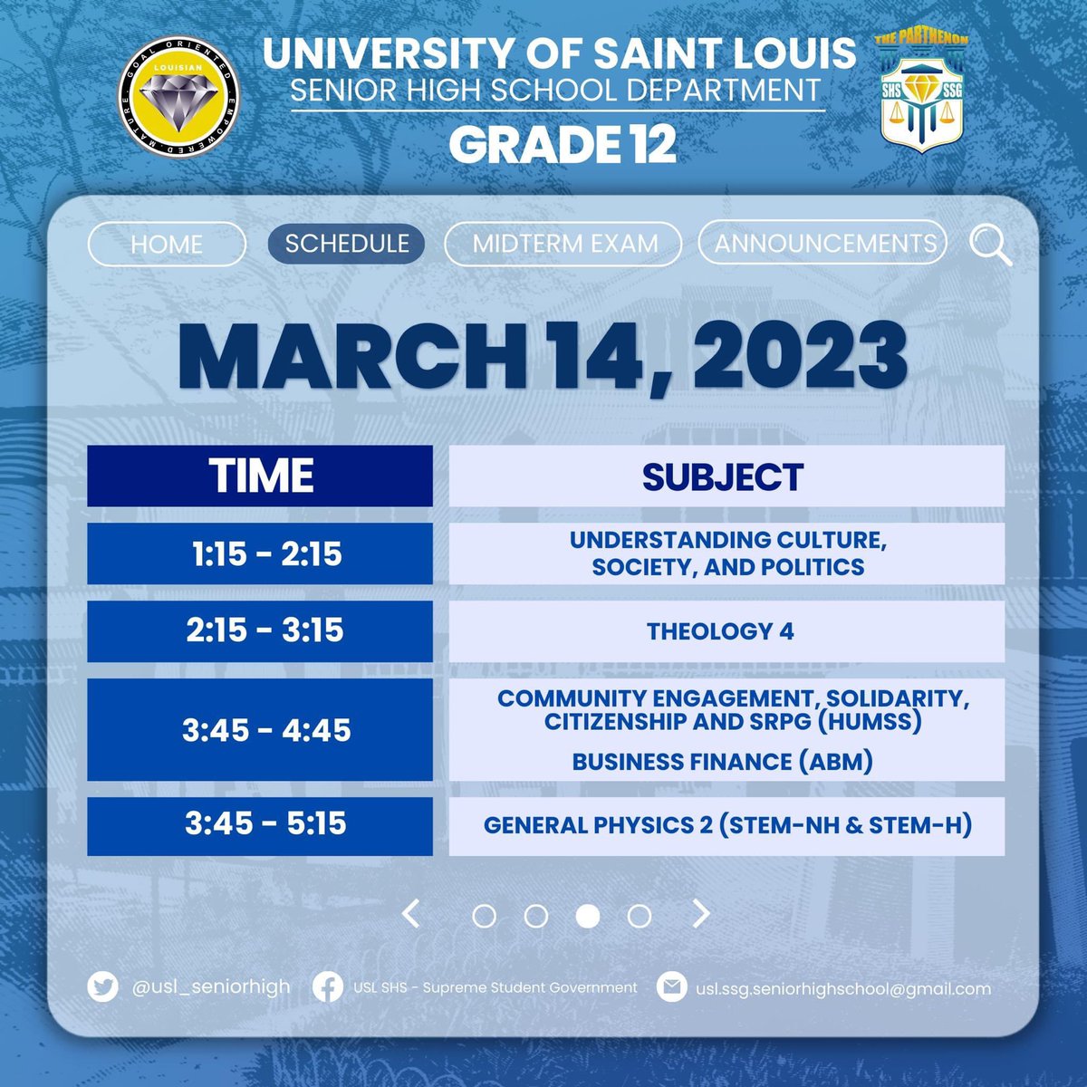 usl_seniorhigh's tweet photo. Hereβs to remind our Louisian GEMs that the Midterm Examination of the Second Semester is from March 13-15 as per the University Calendar.
Below is the official schedule of Grade 12 for the upcoming examination.
#GEMPowered https://t.co/7xMaWq1IHT
