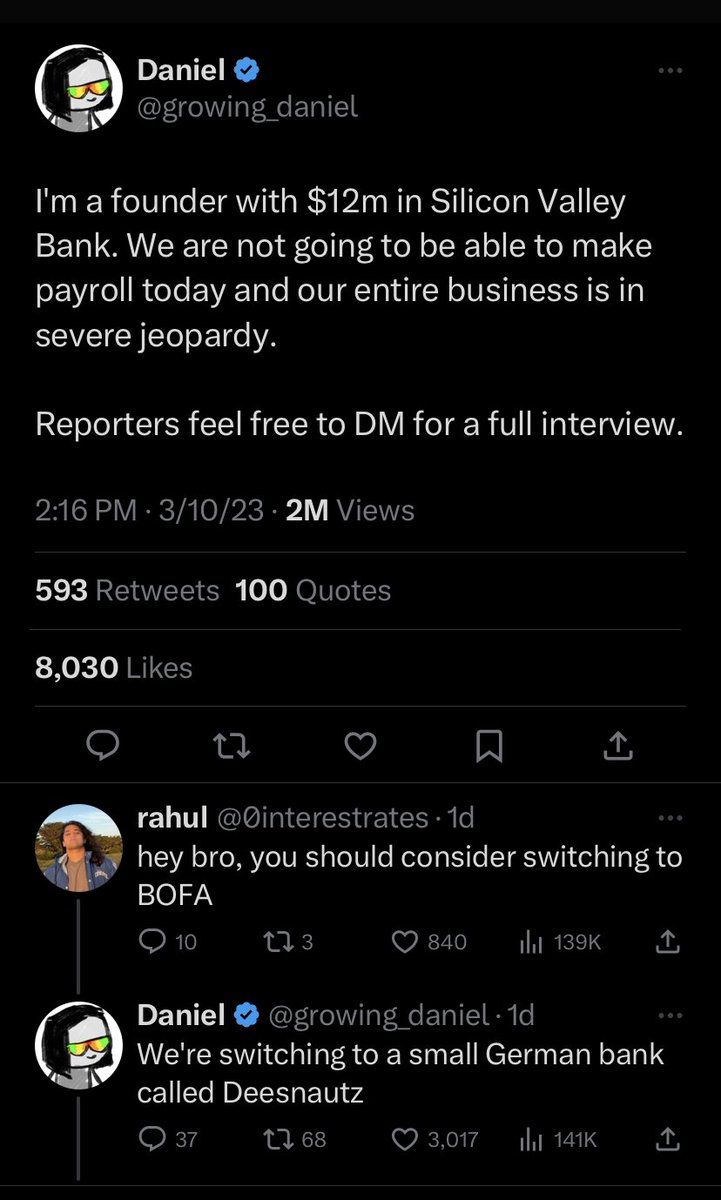 TLaTela's tweet image. Tell me something, if you or I are uninsured we’re just SOL, right?

So tell me why certain elitists deserve a bailout, let alone any empathy?
#SiliconValleyBank 
#RulesForTheeButNotForMe