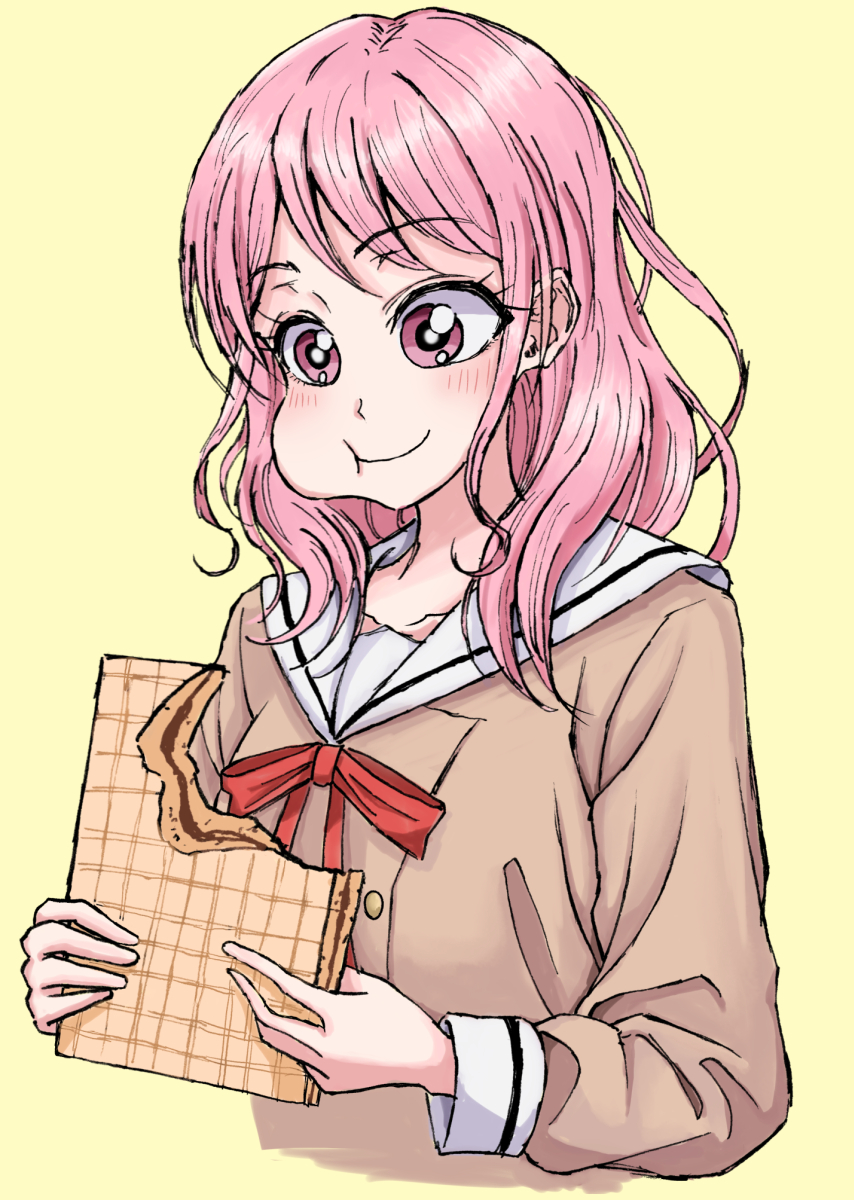 maruyama aya 1girl pink hair solo hanasakigawa school uniform upper body yellow background ribbon  illustration images