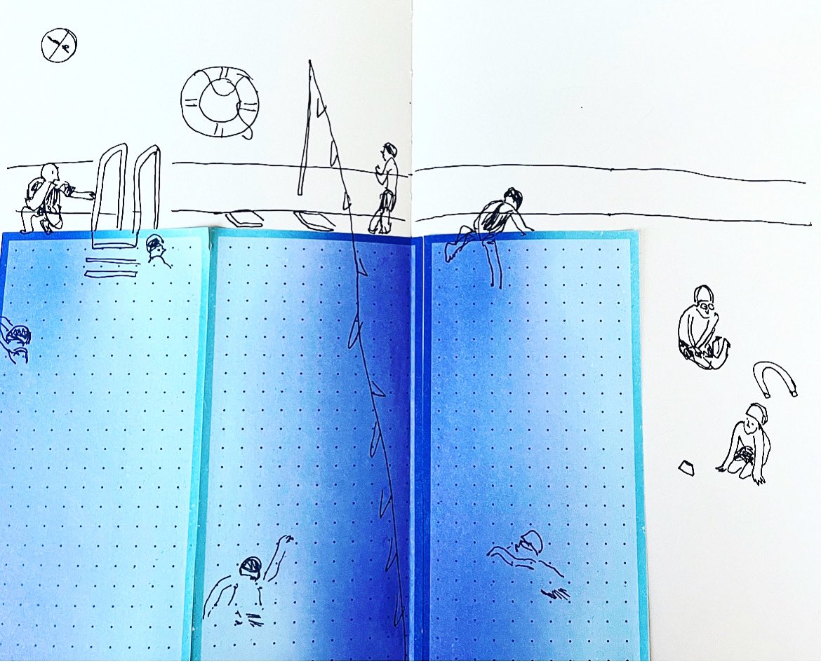 Drawing at the swimming pool with sticky notes #illustration #picturebookmaker #drawing #swimmingpool #picturebook #kidlit #kidlitart #editorialillustration #sketchbook #inkdrawing