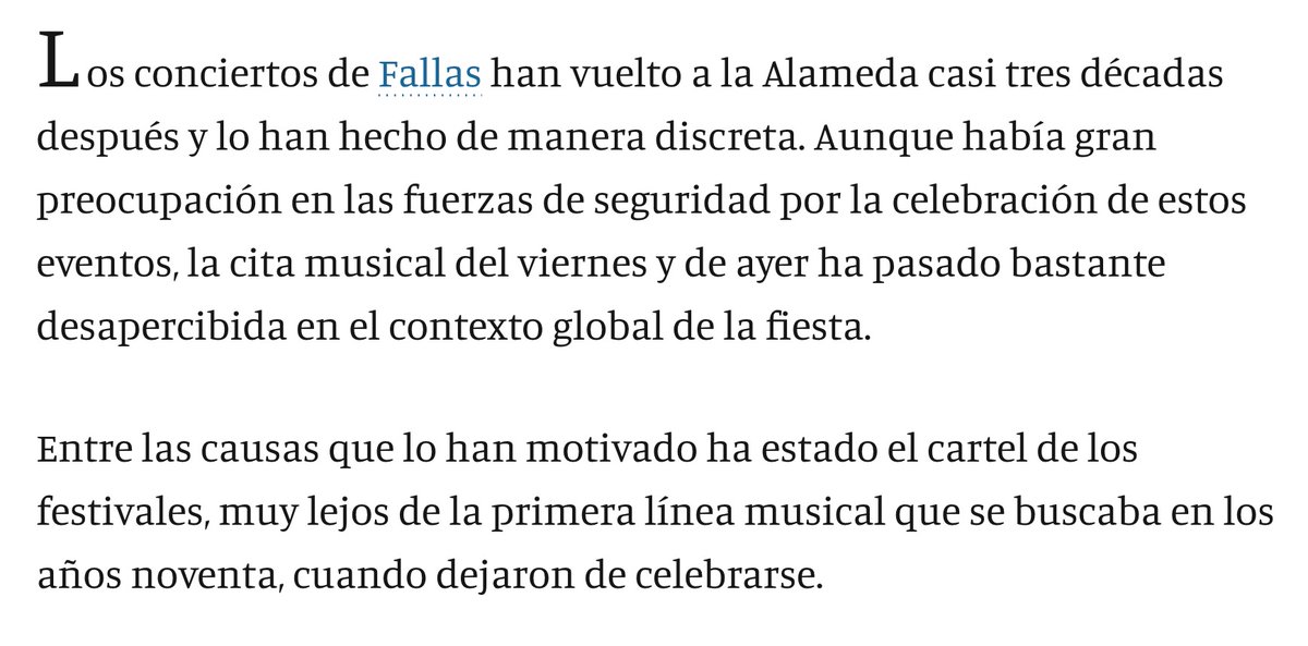 ramircalvo's tweet image. "Entre las causas que lo han motivado ha estado el cartel de los festivales, muy lejos de la primera línea musical que se buscaba en los años noventa".

Quina faltada del @levante_emv amb grups com Zoo, La Fúmiga o La Habitación Roja.

(levante-emv.com/fallas/2023/03…)
