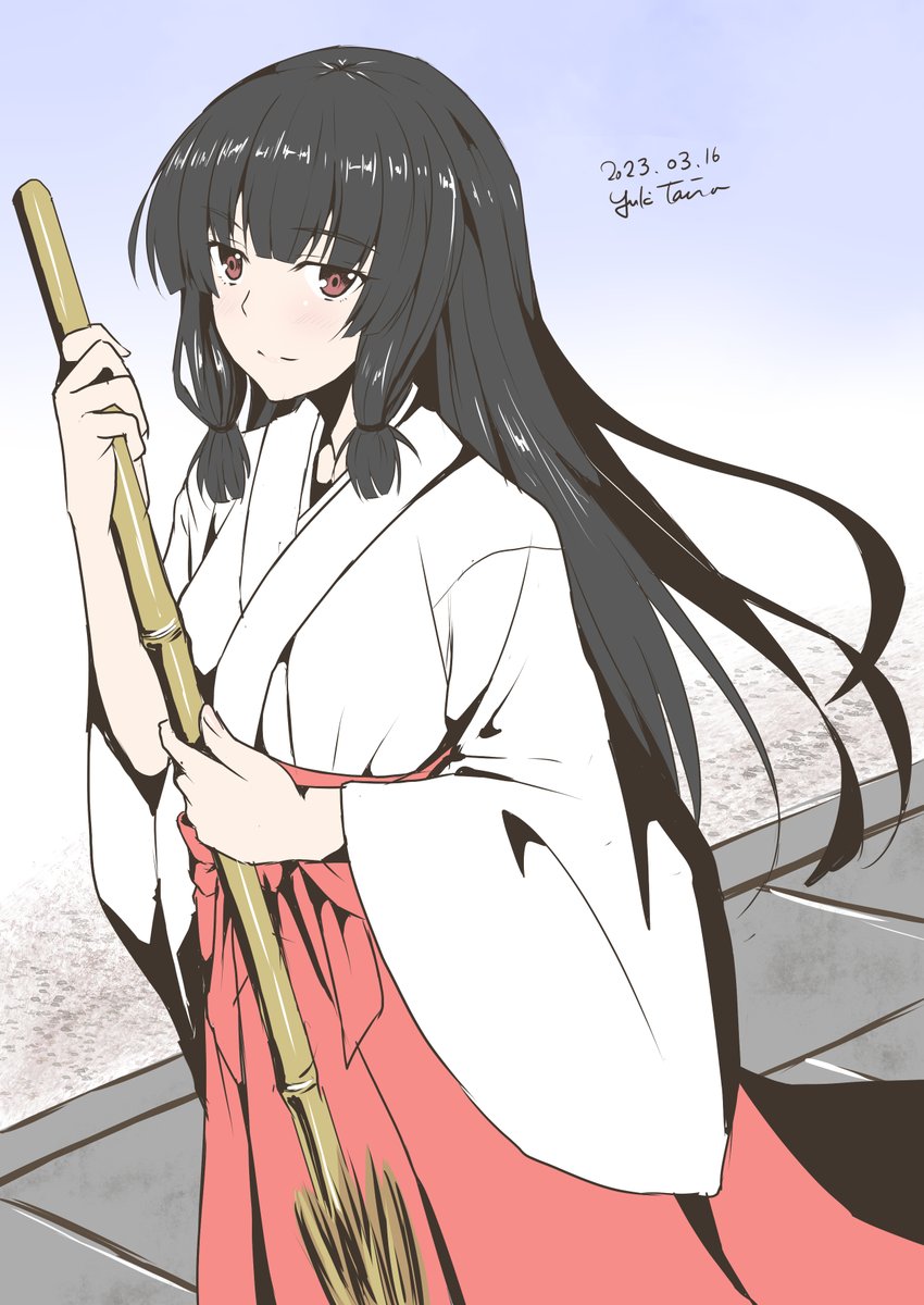 1girl black hair miko long hair solo japanese clothes red hakama  illustration images