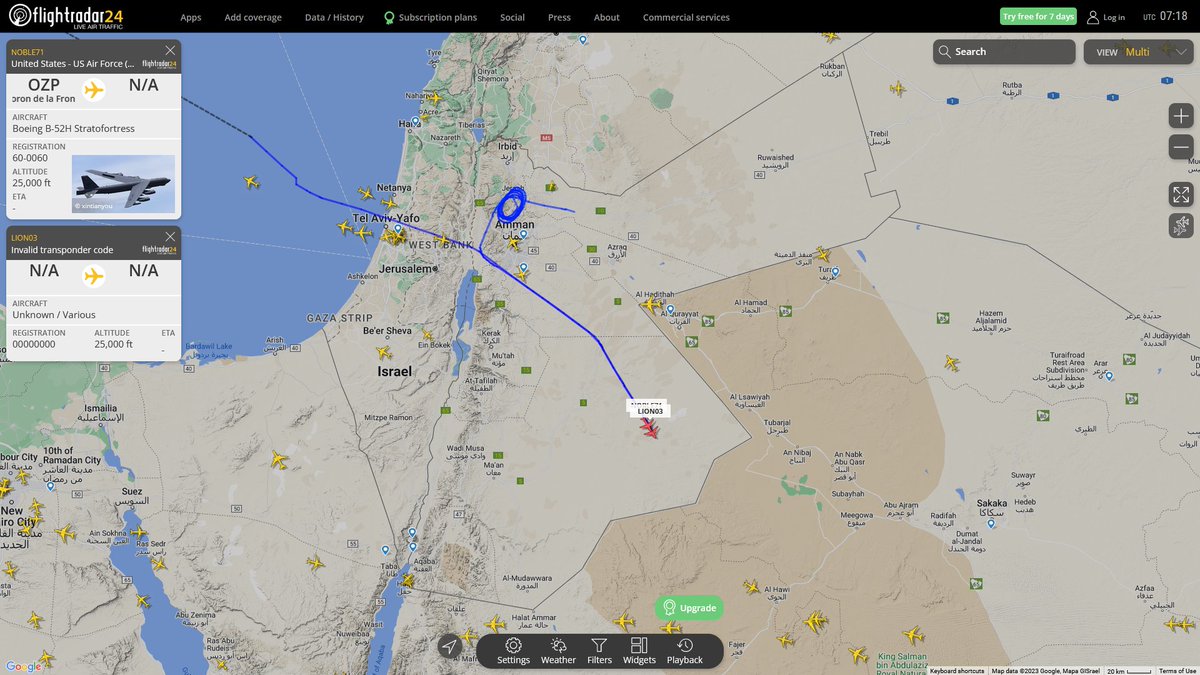 AIYeyENGDdJkjTr's tweet photo. Mar. 12, 2023
#Morón Air Base #Mediterranean Sea
#NOBLE71 #AE5895 USAF B-52H Stratofortress 

#Azraq Sub-District, Jordan
#LION03 #000248 N/A Unknow Aircraft https://t.co/uVBrDkZENG