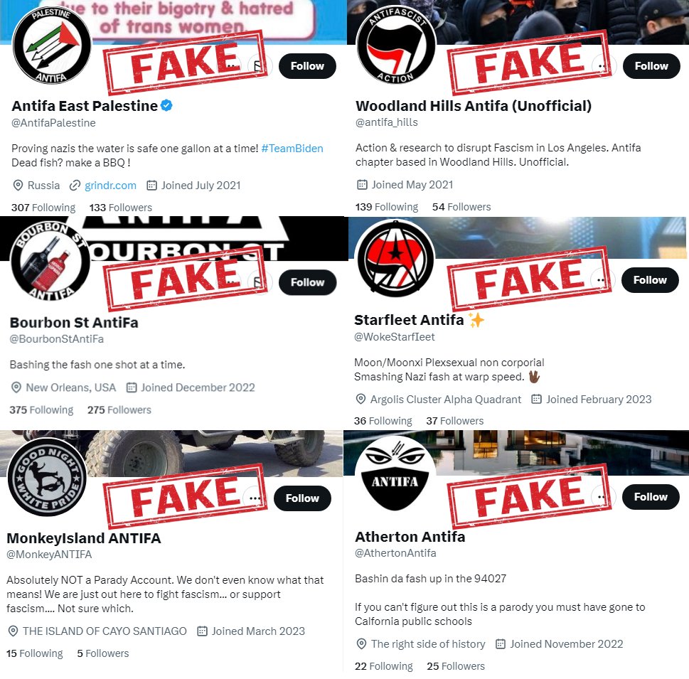 Fake Antifa accounts to block:

<a href="/BourbonStAntiFa/">Bourbon St AntiFa</a>
<a href="/antifa_hills/">Woodland Hills Antifa (Unofficial)</a>
@AntifaPalestine
<a href="/WokeStarfIeet/">Starfleet Antifa 🚩🖖🏼</a>
<a href="/MonkeyANTIFA/">MonkeyIsland ANTIFA</a>
<a href="/AthertonAntifa/">Atherton Antifa🏴✊🏿</a>

#FakeAntifa #AntifaCheck