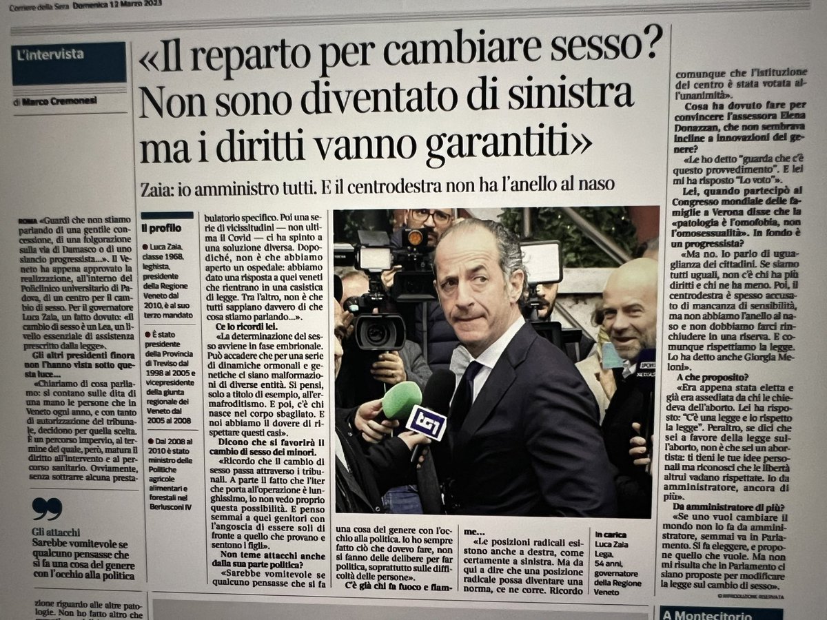 Consiglio a destri e sinistri di leggere l’intervista a <a href="/zaiapresidente/">Luca Zaia</a> che si dimostra ancora una volta politico coraggioso. I diritti sono di tutti.  <a href="/Corriere/">Corriere della Sera</a> #cambiosesso