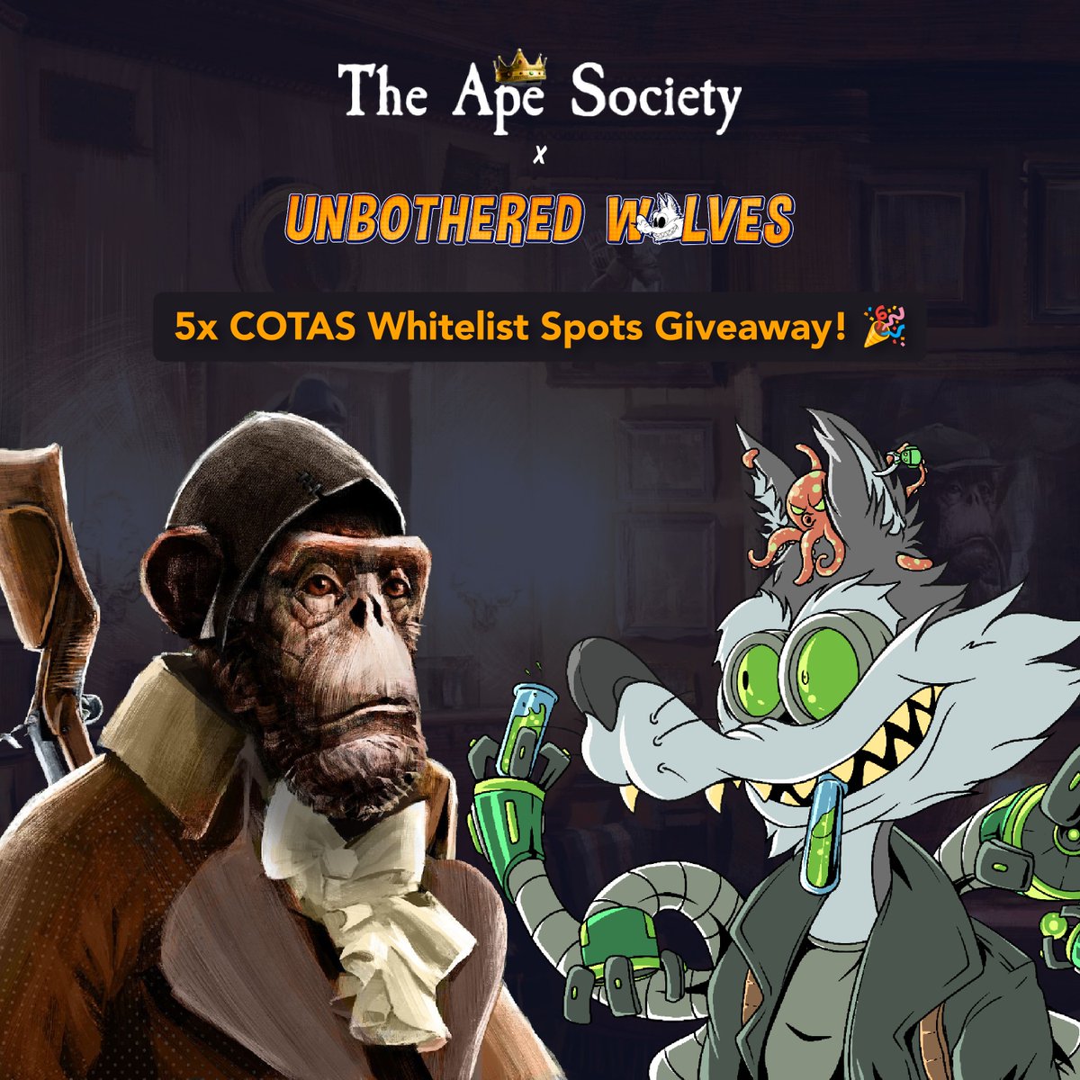 We're pleased to announce that <a href="/the_ape_society/">The Ape Society</a> has provided us with 5x whitelist spots for COTAS mint to give away! 🎉

How to participate?
1️⃣ Like + Retweet
2️⃣ Tag your #NFT pack
3️⃣ Follow both projects

Ends in 24 hrs. Good luck! 🐺
#Cardano #NFTs #CNFT #NFTGiveaway