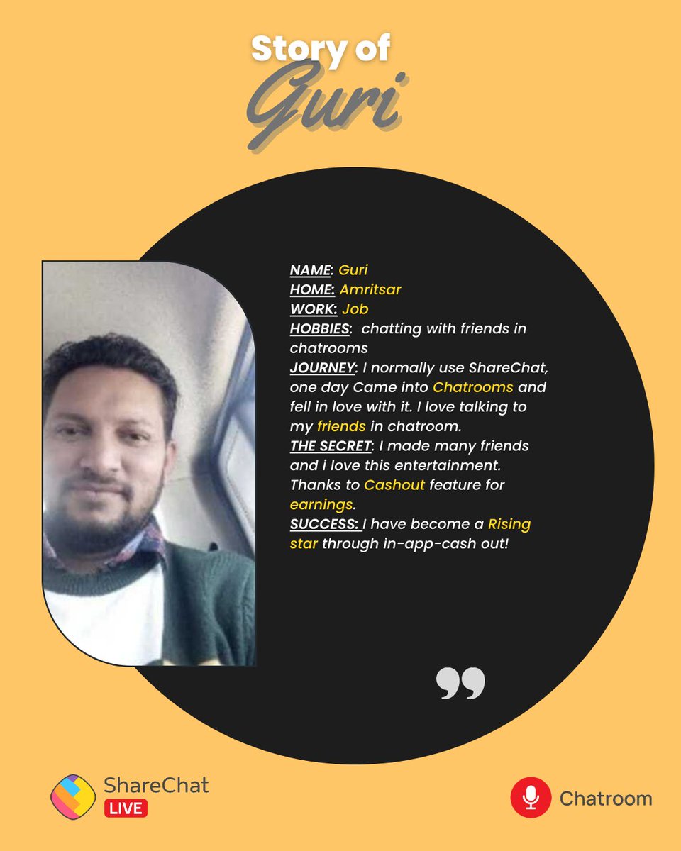 Read how our rising star Guri earns using #ShareChatLive Audio Chatrooms. 

Judiye ShareChat par, Bharat ke harr trend se.

Check out this creator's profile on ShareChat - fal.cn/3wvAq

#ShareChat