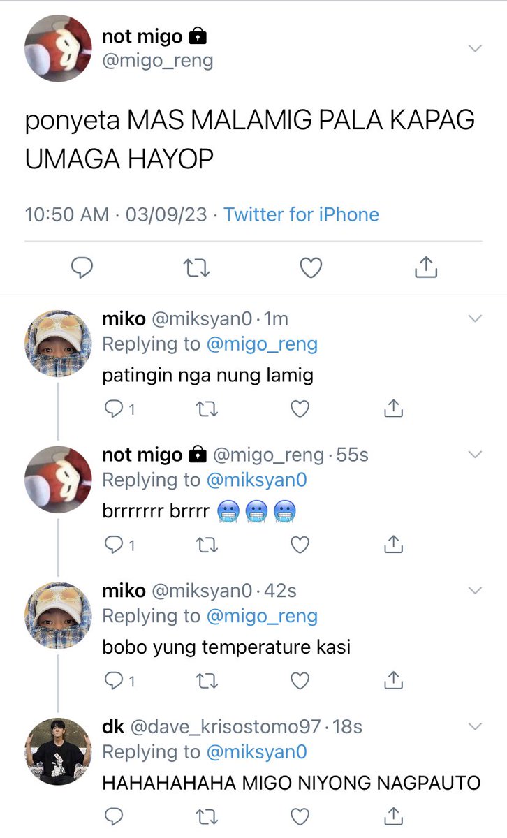 J. on Twitter "gago anong “brrrrr brrrrr 🥶🥶🥶” Migo? HAHAHAHAHAHHAA lintek ka!"