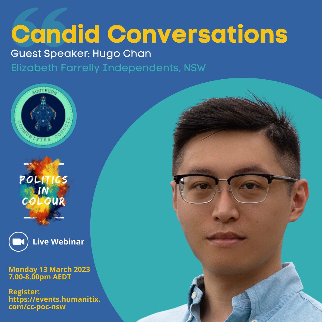 emfarrelly's tweet photo. Our fabulous candidate Hugo Chan .@hugoc45 is having a candid conversation with other diverse #POC #NSWVotes2023 candidates @LyndaJune1 @Ckaliyanda Isaac Nasedra tomorrow via #PoliticsinColour 7-8pm AEDST via Zoom. Register: https://t.co/Uo3kZrFKvV FREE. #EFIndependents #nswpol https://t.co/X9O0M7xvom