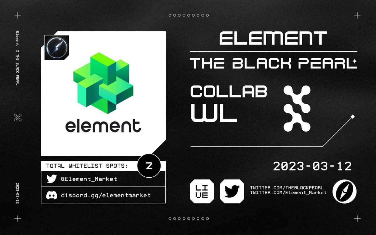 𝗧𝗕𝗣 𝘅 𝗘𝗹𝗲𝗺𝗲𝗻𝘁𝗮

✔️𝗘𝗹𝗲𝗺𝗲𝗻𝘁𝗮 𝗪𝗟 𝘅 𝟮

● Follow  <a href="/Element_Market/">Element NFT Marketplace</a> + <a href="/TBPGiveaways/">The Black Pearl ⚫ | TBP Giveaways</a> + <a href="/TheBlackPear1_/">The Black Pearl ⚫ | TBP Official</a>
● Like + RT + Tag 3 friends

24H