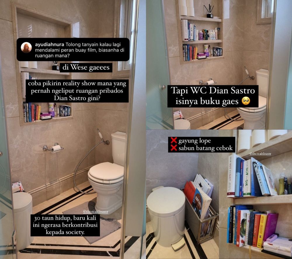 FaktaBukanAuta's tweet photo. Tahukah anda wanita cantik mmg ramai, tapi wanita cantik yg ada taste pd buku susah nak cari.

Mungkin sbb ini Malique Too Phat mengasingkan diri lepas putus cinta dgn Dian Sastro.

Mereka punya minat yg sama - kuat membaca.

Lihat rumah Dian, dlm toilet pun ada buku. https://t.co/I5L4Am8UQr