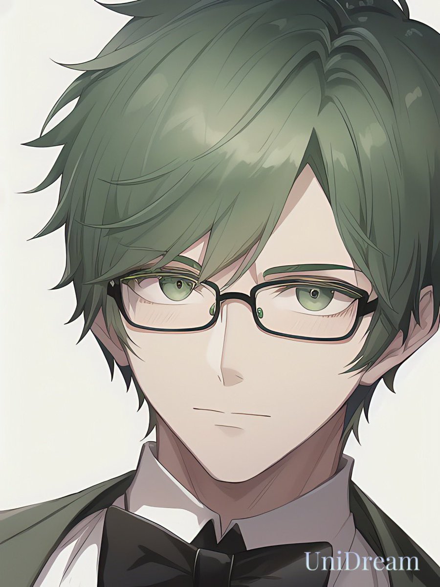 1boy male focus green hair glasses solo bow green eyes  illustration images