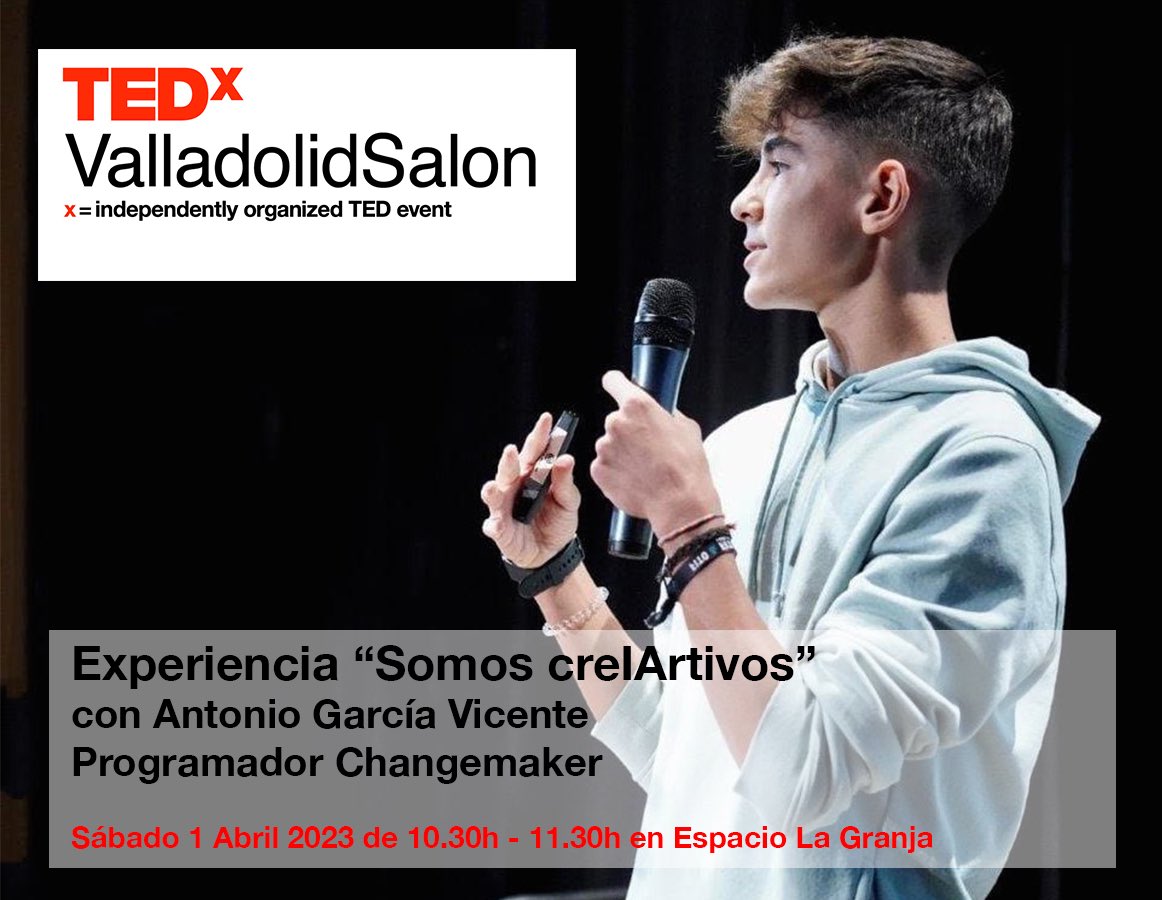Sáb 1 Abril en #TEDxValladolidSalon además de debatir sobre #Jovenes #SaludMental #RRSS podrás vivir con <a href="/antoniogarvic/">Antonio García Vicente</a> la 
Experiencia «Somos creIArtivos» #creatividad, #InteligenciaArtificial y #tecnología con fines educativos y sociales.
Últimas plazas tedxvalladolid.com/tedxvalladolid…
