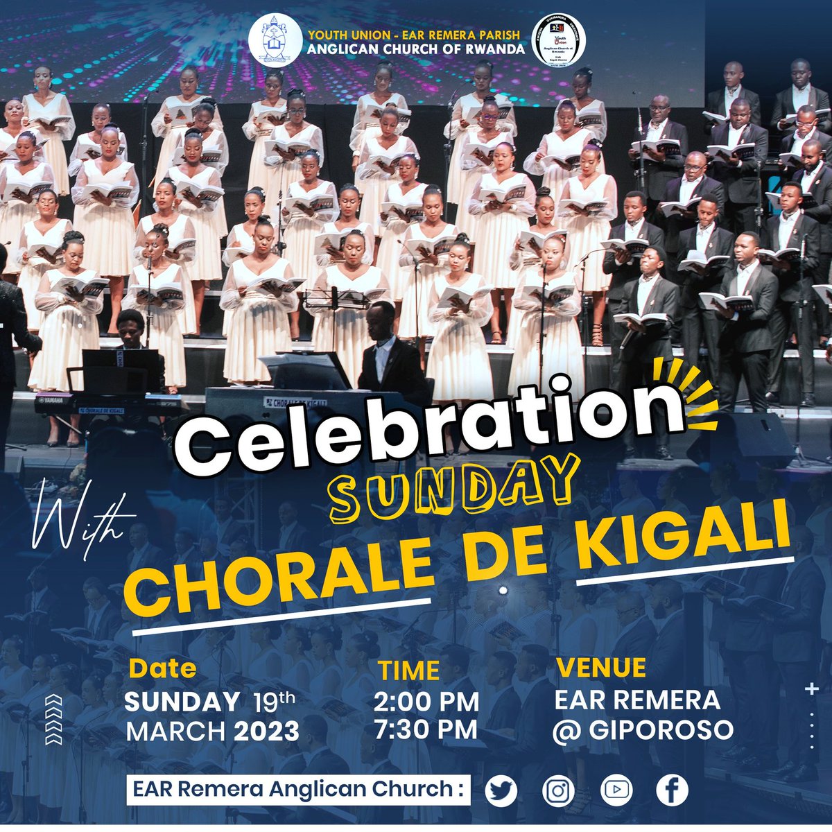 CELEBRATION SUNDAY with CHORALE DE KIGALI

DON'T MISS Next Sunday, Mar 19, 2023 @ 2pm-6:30pm, the blessed most Classic choir will minister with us. 

Y'all Invited with friends and families @ear_remera Giporoso 

@ChoraledeKigali