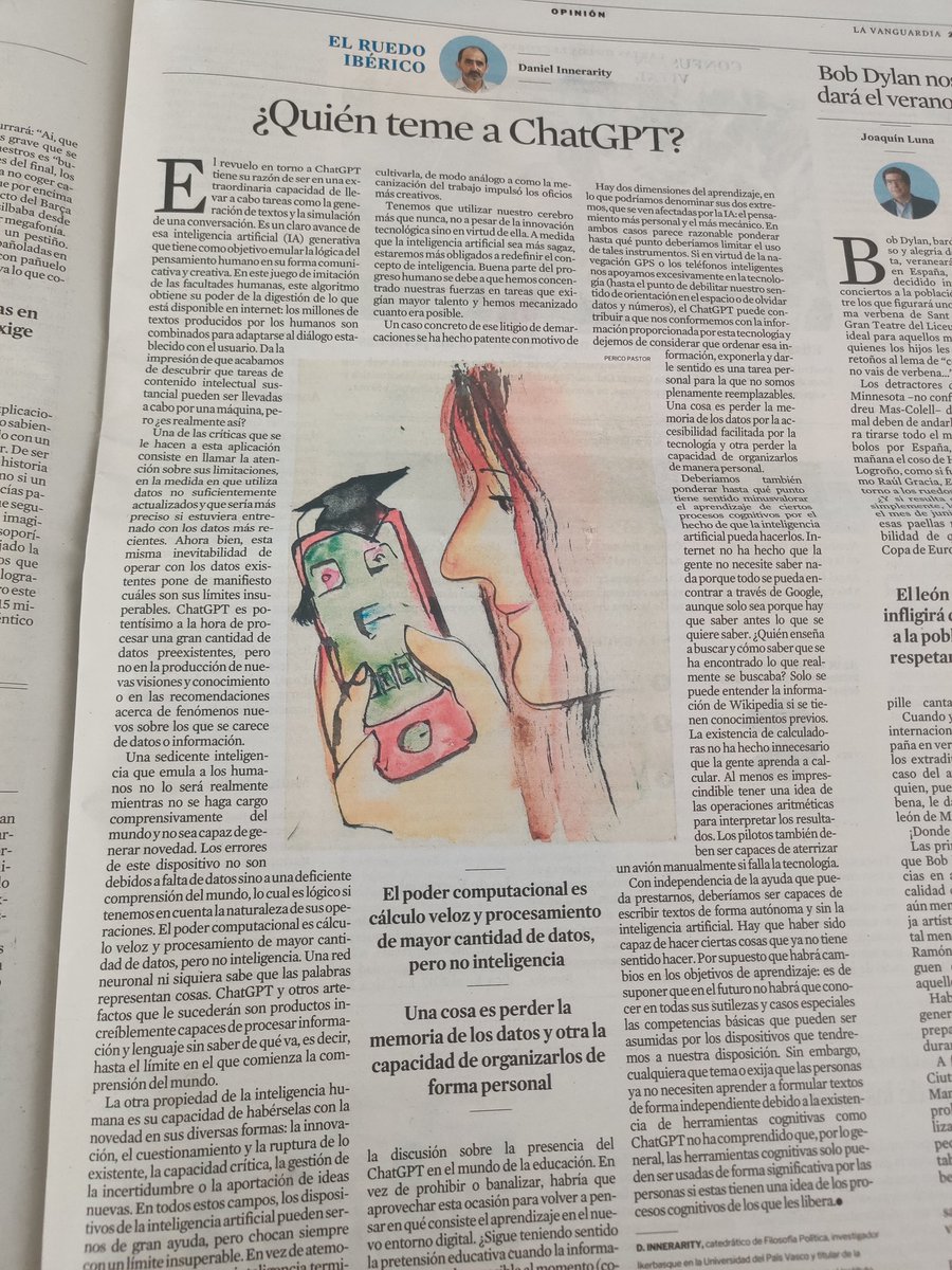 mcrosasb's tweet photo. Buen artículo hoy en @LaVanguardia sobre #ChatGPT y su capacidad de procesar datos y lenguaje, no de pensar o razonar. https://t.co/9cAaNaIRkO