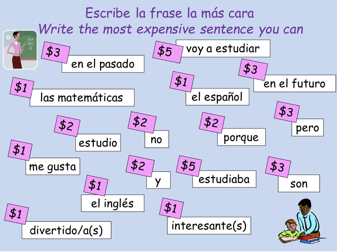 best_lssn_ever's tweet photo. Amazing way to engage all - create the most expensive sentence out of a given list with price tags attached π·οΈ
My highest was $36 π°#mfl #mfltwitterati #teach #teacher #lessonideas #bestlessonever #teachingandlearning #stretchandchallenge #spanish #funlearning #secondaryteaching https://t.co/kKBOm2XWrS