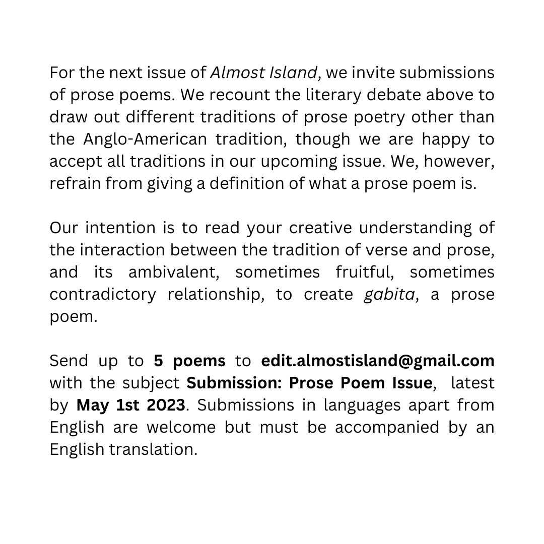 Open Call for Submissions for our upcoming issue on Prose Poems! Deadline 1st May 2023!