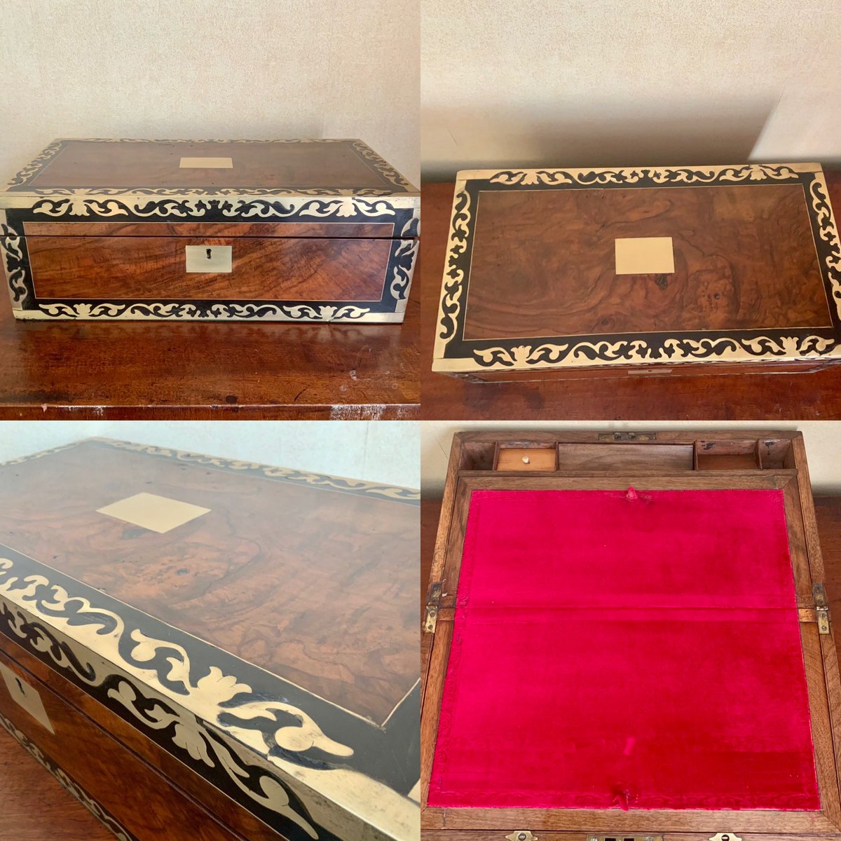 Restored victorian walnut writing slope, lots of brass missing and would require new brass cut and fitted along with brass line. The box was then restored and French polished , finished with a red velvet and tooled edge