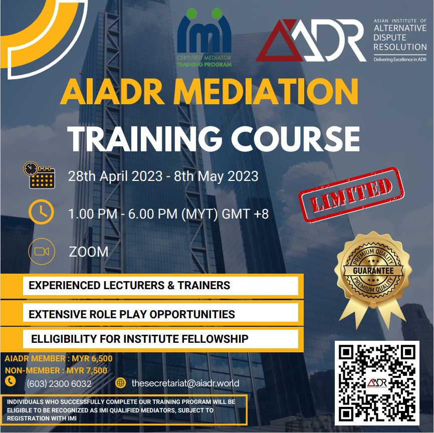 AIADR is running it's inaugural Mediation Training Course that is accredited by the International Mediation Institute . The course will take place virtually from 28 April - 8 May 2023.