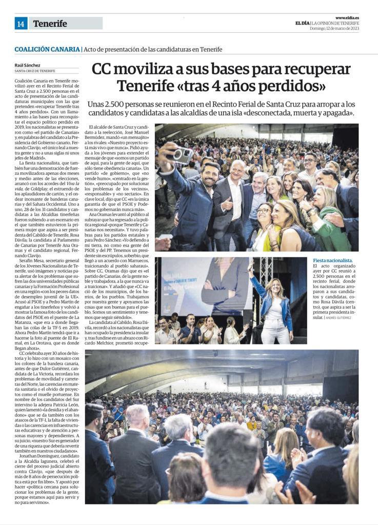 cctenerife's tweet photo. 🏴󠁧󠁢󠁳󠁣󠁴󠁿🇮🇨 Gran impacto mediático de la presentación de las candidaturas de Tenerife ayer en el Recinto Ferial, un acto en el movilizamos a más de 2.500 personas y donde demostramos que somos la única fuerza que lucha por Tenerife y por Canarias. 

Info: @eldia 
 
#ElPartidodeCanarias https://t.co/JPrTfhG3ha