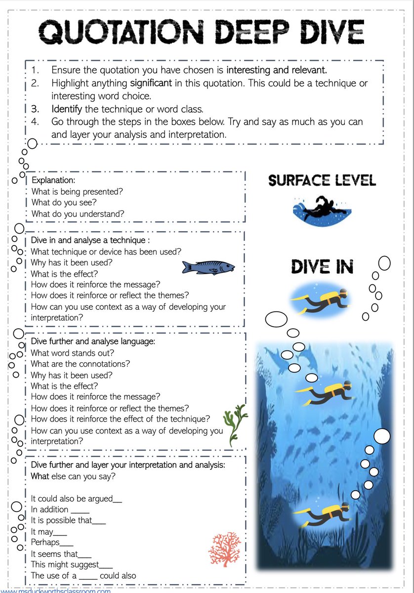 Resource to help GCSE pupils to develop their analysis. Can be glued into books or used as a poster! I find that considering the ‘depth’ of layers helps my pupils to think about a quotation in detail rather than making a superficial comment and then moving on. Download link👇