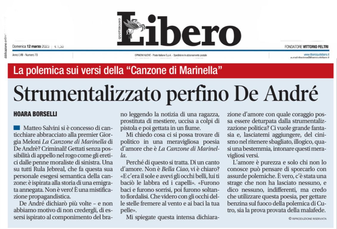 Nel mio articolo di oggi su <a href="/Libero_official/">Libero</a> .

Utilizzare la “Canzone di Marinella” per gettare benzina sul fuoco della polemica di Cutro, è la prova provata della malafede di una sinistra che vuole trasformare questo canto d’amore in canto politico.