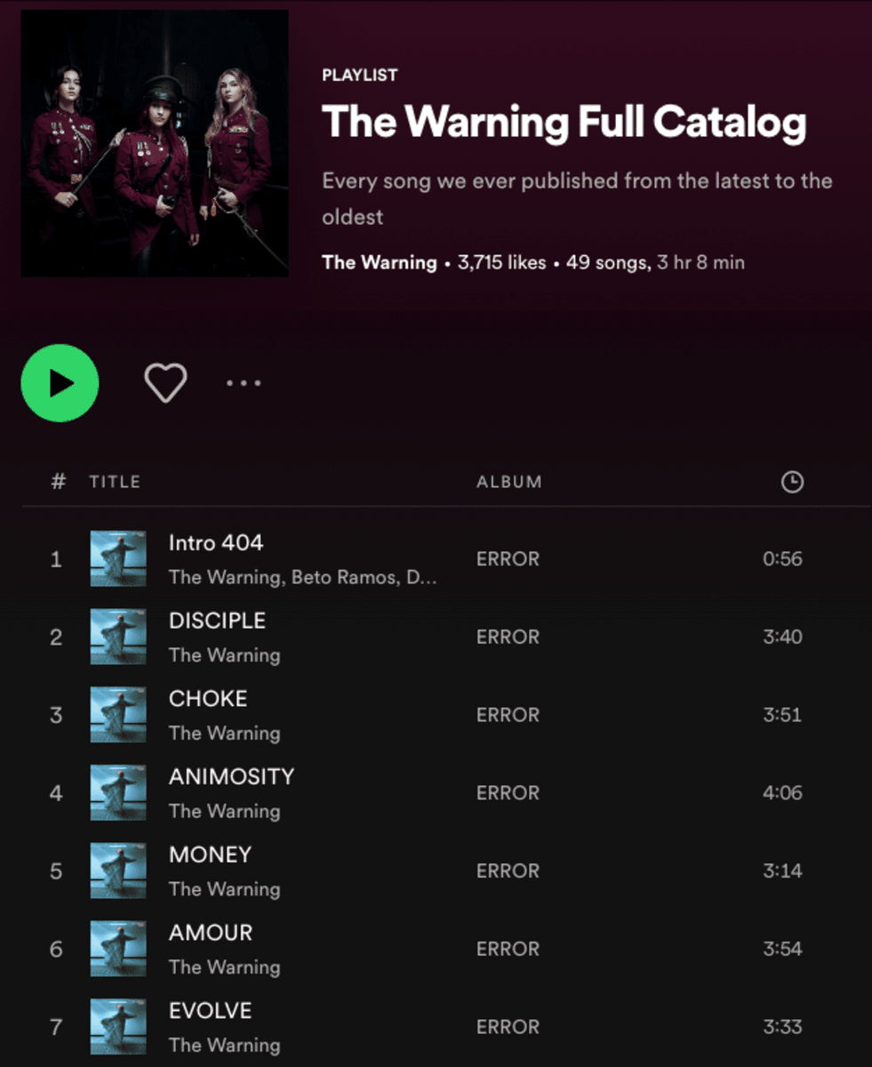 TheWarningAust's tweet photo. Listen to @TheWarningBand2's full catalogue of music on @Spotify! π§
Share with friends and new listeners!
π https://t.co/DH9eoQASYp π
#TW3 #Spotify #TheWarning #TheWarningBand #TheWarningError #TheWarningAnimosity #rockband #SpotifyPlaylist #Music https://t.co/wTR8x0H4AM