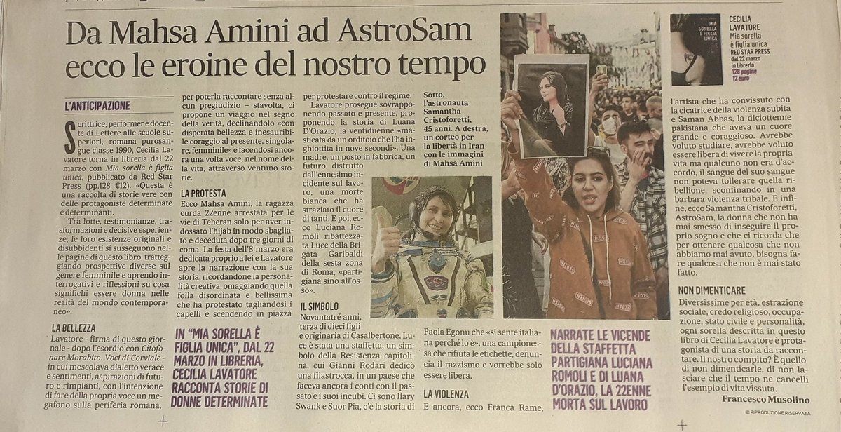 RobertaGisotti's tweet photo. Oggi su Il Messaggero in anteprima recensione del nuovo libro "Mia sorella è figlia unica" di Cecilia Lavatore  @fmusolino @redstarpress @Psicovirginio @rossanalivolsi @casadonne @DeboraDonnini @diredonneinrete @CasaIntDonne_Rm  @DonnePd @consParitaCmRM @fabfazio @corradoformigli https://t.co/o77B7RnPcz
