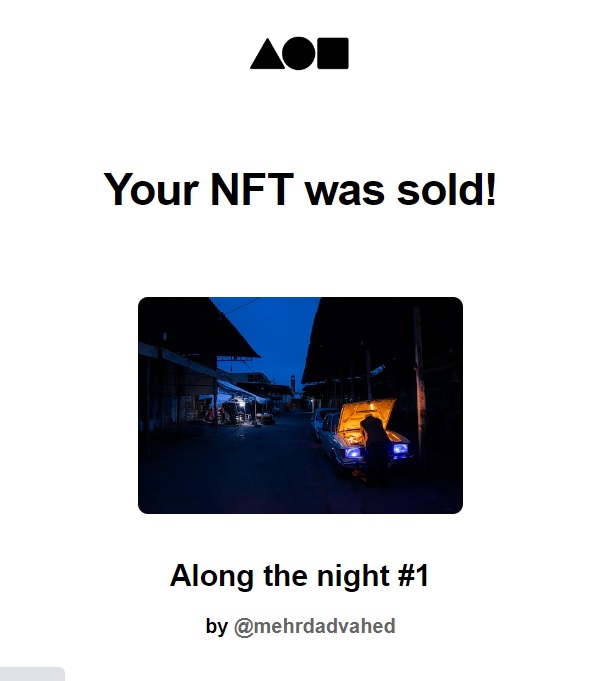 After a long time, Along the night #1 was sold.🥳
Many thanks to dear collector <a href="/c34nft/">C34</a>🙏🏻☘️

Other pieces from this collection are still available on <a href="/foundation/">Foundation 🌐</a> 

foundation.app/@mehrdadvahed

#nft #NFTCommmunity #NFTphotographers