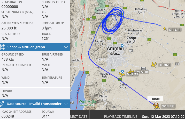 SirListenalot's tweet photo. 0705z "Unknown" #000248 as #LION03, likely #Jordan|ian #F16 "248", joined up with #B52 #AE5895 as #NOBLE71 near Amman https://t.co/ChH6uqvfuf