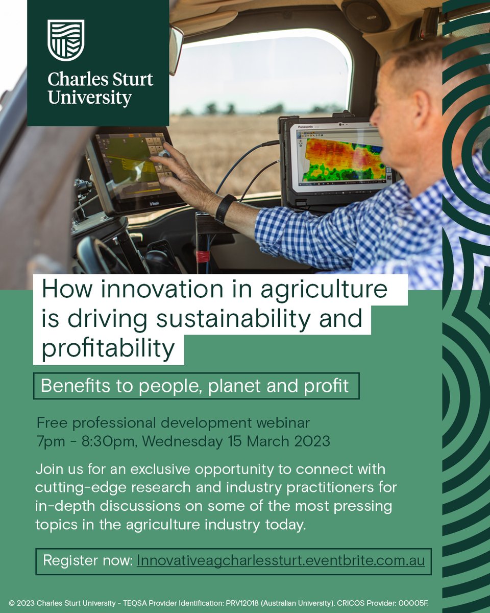 Interested in the future of farming? If so, join us for this <a href="/CharlesSturtUni/">Charles Sturt University</a> webinar where we’re joining a great lineup of speakers to explore 'how innovation in agriculture is driving sustainability and profitability’.

🎟️ Program info and free rego: bit.ly/3ZGSRam