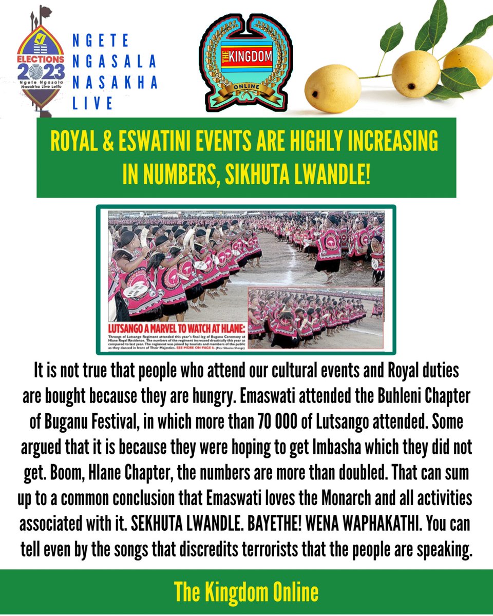 TheKingdom22's tweet photo. ๐ด๐ซWE CAN NOW SAFELY SAY THAT THE PEOPLE OF ESWATINI AND BEYOND LOVES THE MONARCH AND ALL NATIONAL ACTIVITIES OF ESWATINI. THE NUMBERS AT HLANE ROYAL RESIDENCE WERE DOUBLED BY THOSE IN BUHLENI, EVEN AFTER PROPAGANDISTS CLAIMED PEOPLE DIED.
#Buganu2023 #HlaneChapter
#Eswatini https://t.co/dTM3G427BM
