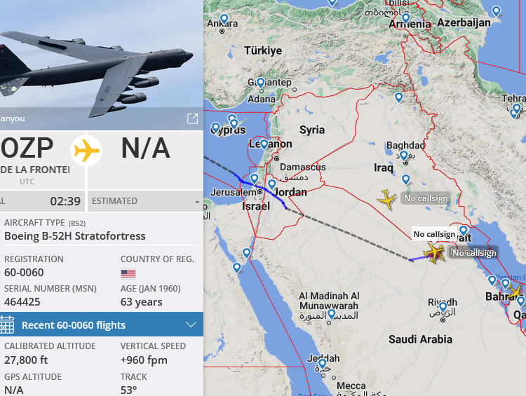 SirListenalot's tweet photo. It seems #B52 #AE5895 as #NOBLE71 is being refueled by #KC135's #AE0145 #AE05A6 southwest of #Kuwait right now. https://t.co/e3x1aMcqpT