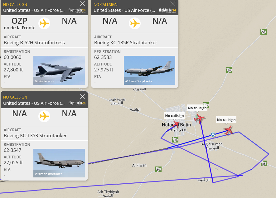 SirListenalot's tweet photo. It seems #B52 #AE5895 as #NOBLE71 is being refueled by #KC135's #AE0145 #AE05A6 southwest of #Kuwait right now. https://t.co/e3x1aMcqpT