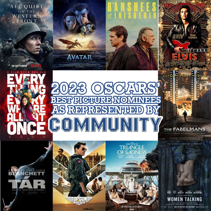 CommunityPeli's tweet photo. The 2023 Best Picture Nominees as represented by scenes from Community: a thread.

#Oscars95 
#Community
#SixSeasonsAndAMovie https://t.co/WGkA9HMRKr