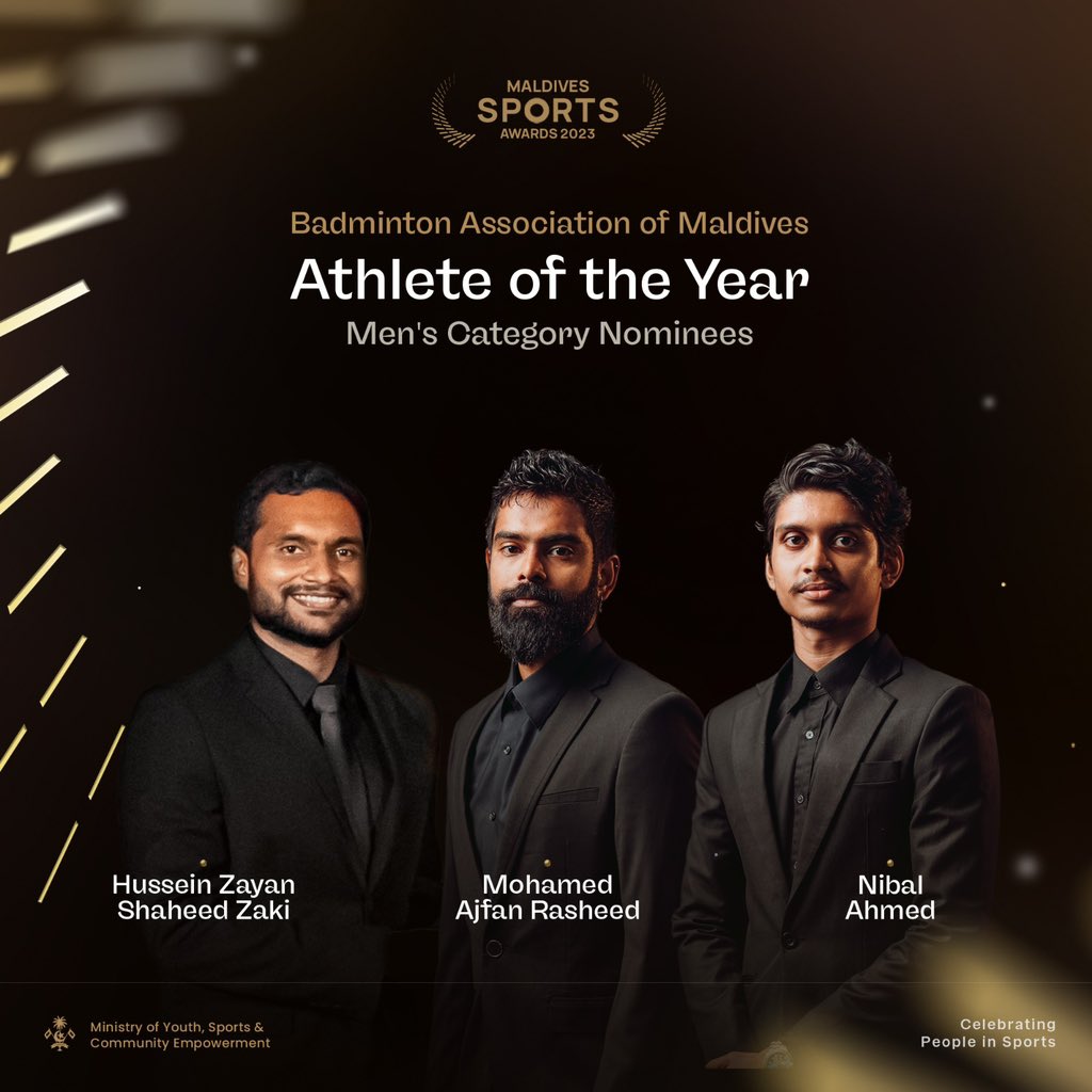 MVSportsAwards's tweet photo. Athlete of the year- Badminton (Men's Category)

Nominations are:

• Hussein Zayan Shaheed Zaki
• Mohamed Ajfan Rasheed
• Nibal Ahmed

@BaMdv

#MaldivesSportsAwards2023 https://t.co/WpXIacdzjR