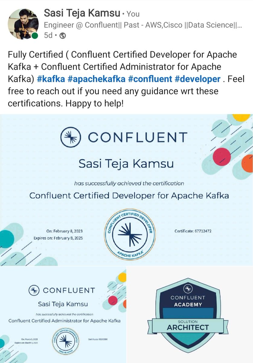 Fully Certified on #Kafka . Thank you @confluentinc #confluent for the opportunity. #eventstreaming #ETL #data #dataengineering #engineer #architect #solutionsarchitect .