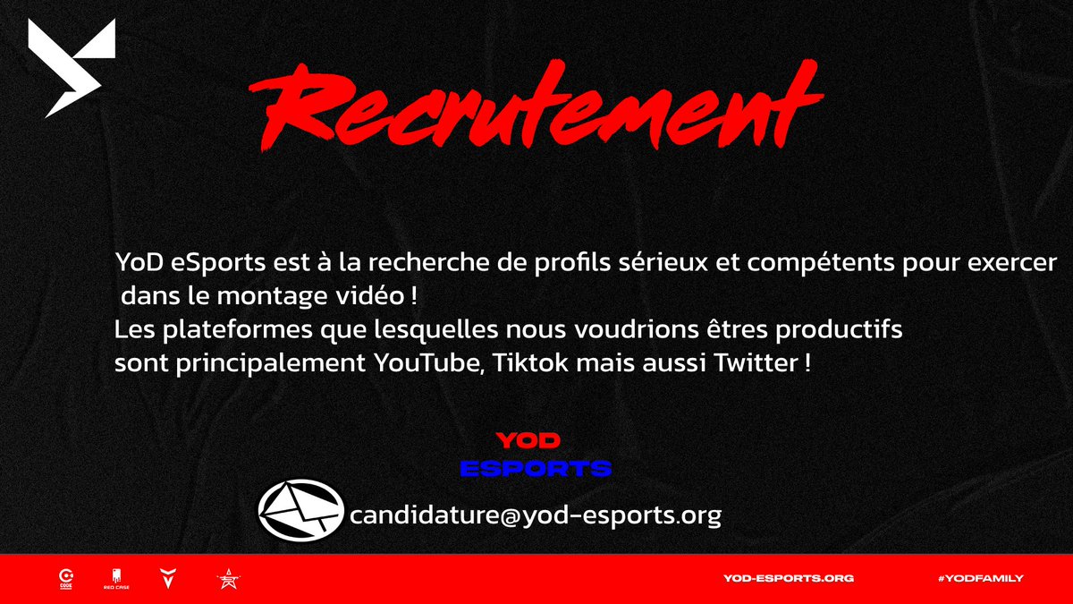 YoDeSports's tweet photo. 👥 Nous sommes à la recherche de Monteurs Vidéo pour des projets sur YouTube et sur nos réseaux sociaux (Tiktok &amp; Twitter) ! 

📩 candidature@yod-esports.org

#YoDFamily ⚡ https://t.co/5rx3fqW68G